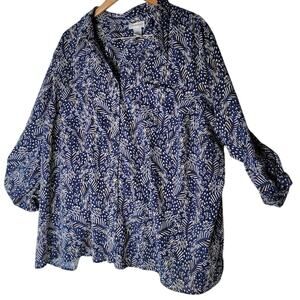 Catherine’s Women’s Blouse – Size 3X Petite Navy Blue Leaf Print | RN 99249